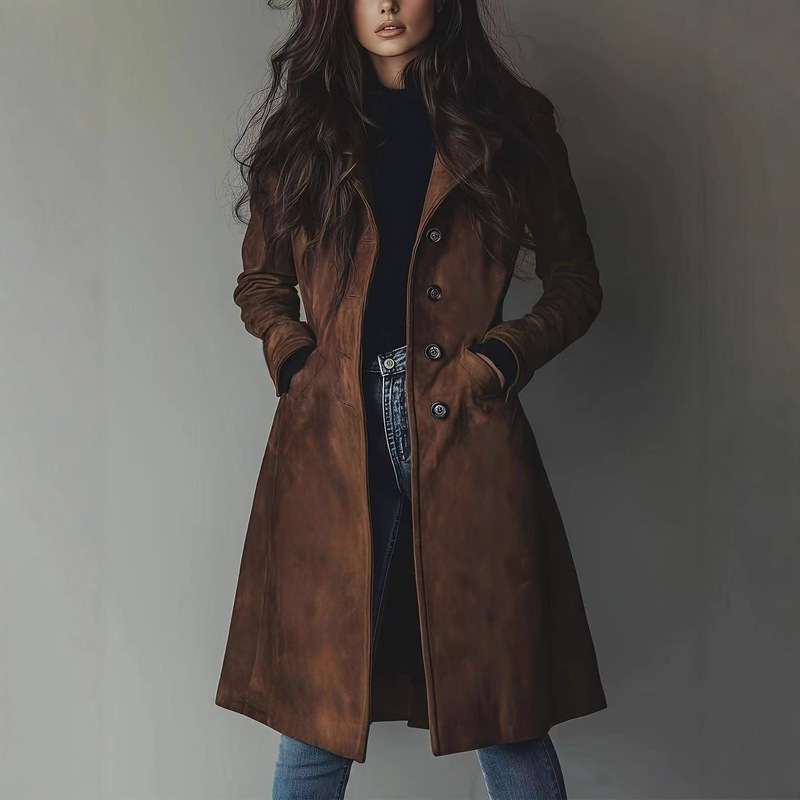 2025 High-Quality European and American Amazon Cross-Border Women's Autumn and Winter Outwear Lapel Suede Long Windbreaker Jacket 2025 High-Quality European and American Amazon Cross-Border Women's Autumn and Winter Outwear Lapel Suede Long Windbreaker Jacket