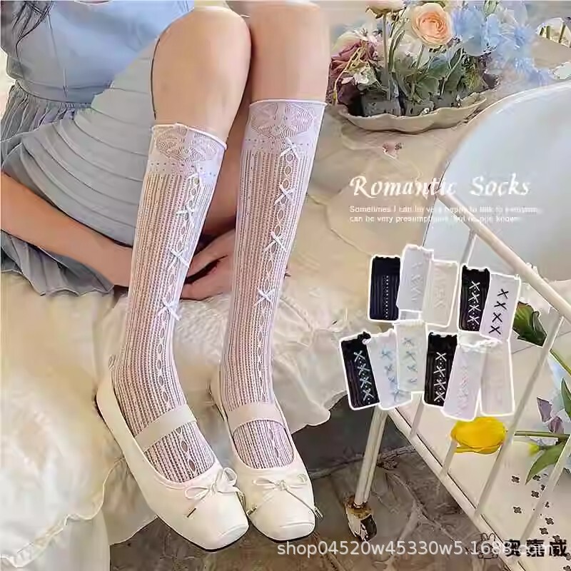 Ballet Style Bow Socks Milky White Jk Calf Socks for Women Spring and Summer Ultra-Thin Cut Out Knee Mid-Length Socks
