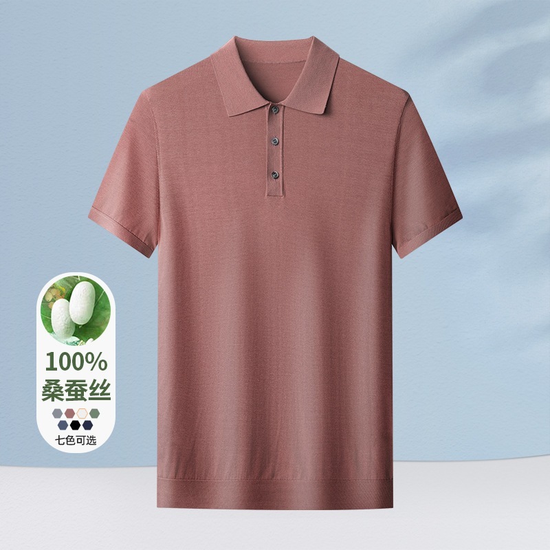 高級メンズ 100 マルベリーシルク半袖 Tシャツ夏薄手ニット半袖シンプルカジュアルシルクポロシャツ男性用|undefined