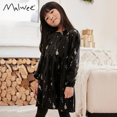 Malwee Children's Dress Autumn New European and American Small and Medium Children Chic Printed Long-sleeved Underwear Princess Dress 