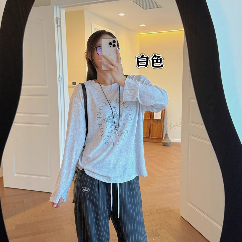 M0014秋季女士薄款法式慵懒风云朵莱赛尔印花宽松百搭打底衫T恤|undefined