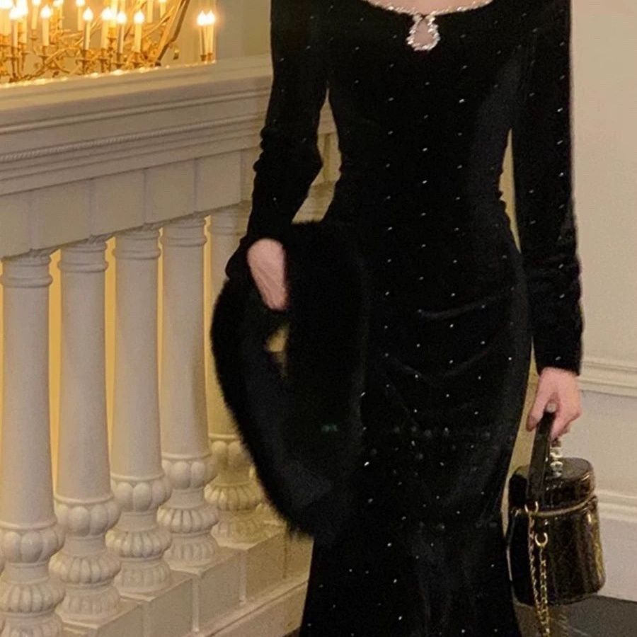 French Hepburn Style Elegant Socialite Annual Party Dress Black Mermaid Dress for Women Early Autumn