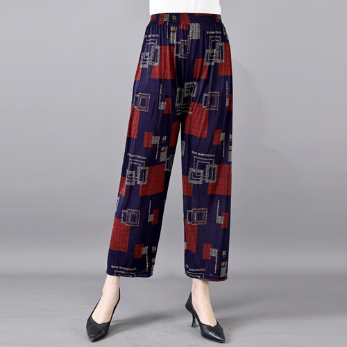 Cross-border best-selling summer women's ice silk pants for middle-aged and elderly loose casual home pants with elastic and thickening for square sports