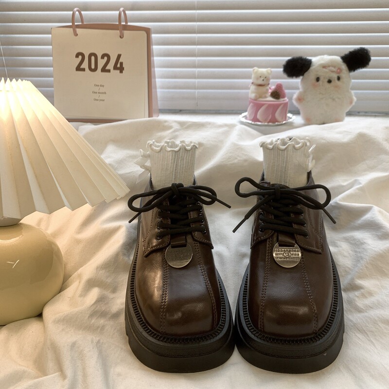 棕色小皮鞋女英伦风厚底增高2025春秋新款系带复古高级感乐福单鞋|undefined