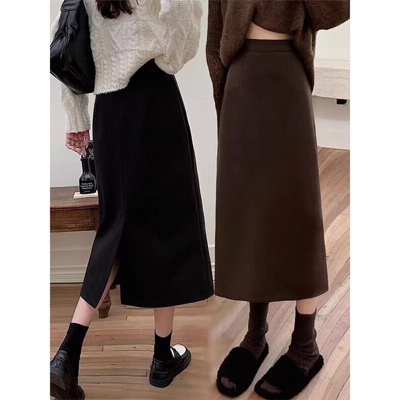 百搭毛呢长裙黑色2024春秋长款半身裙高腰显瘦包臀a字裙高级感