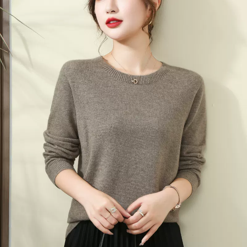 100%纯小山羊绒毛衣女士百搭休闲简约纯色长袖针织打底衫秋冬新款
