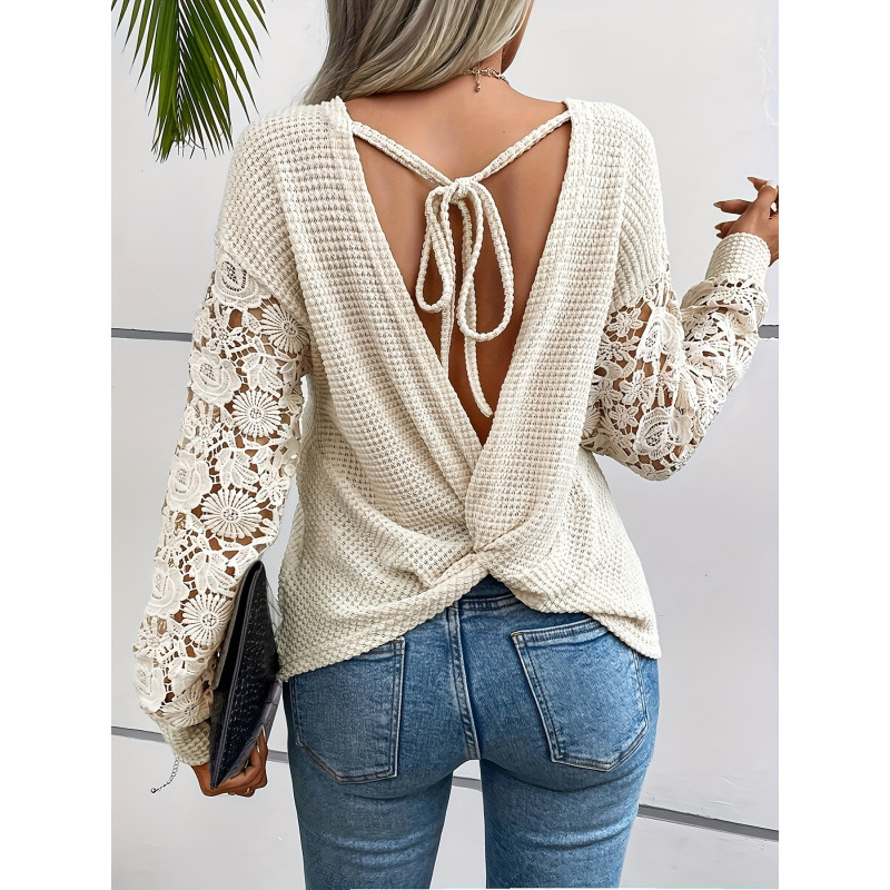 2026 Cross-Border New European and American Lace Edge Twisted Back Translucent Polyester Blend Shirt Cross-Border Dropshipping