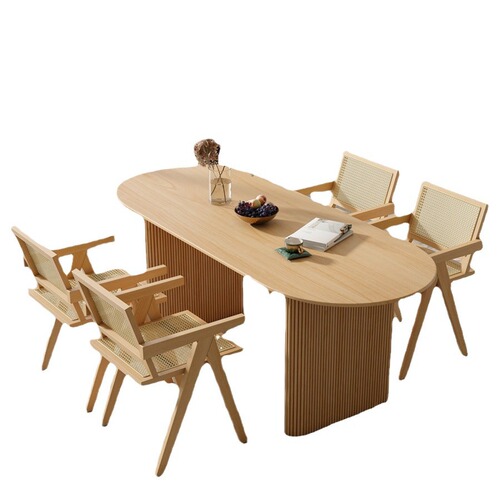 Japanese solid wood dining table and chairs oval wabi-sabi style special-shaped office desk small apartment dining table simple log workbench