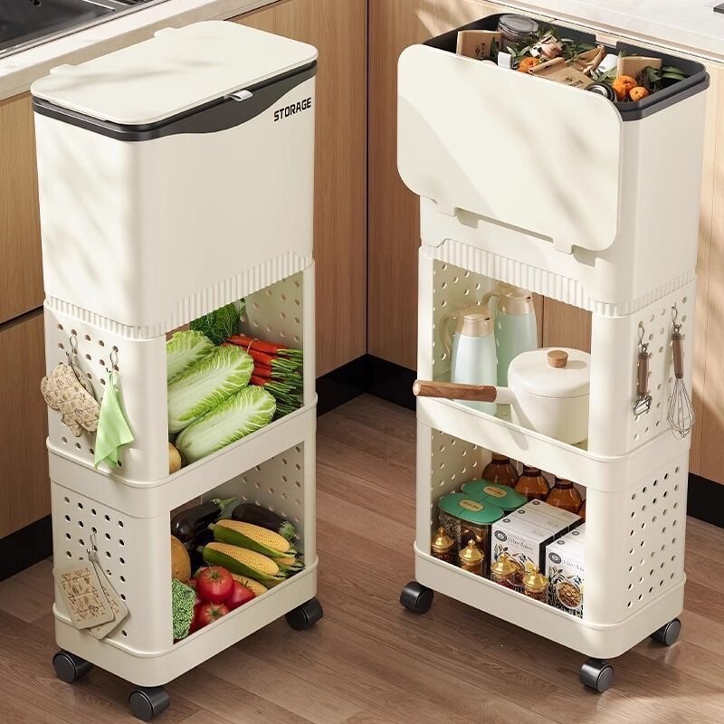 Large-capacity kitchen trash can for home use, with lid, movable wheels, storage rack, no need to bend over, multifunctional, multi-layer shelf Large-capacity kitchen trash can for home use, with lid, movable wheels, storage rack, no need to bend over, multifunctional, multi-layer shelf