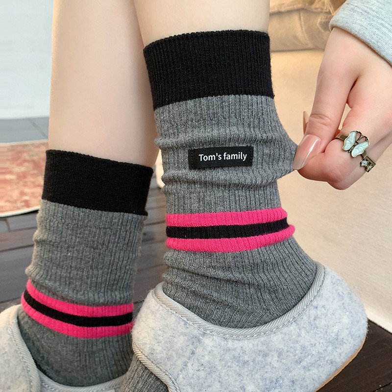 women‘s socks purified cotton loose socks autumn and winter ins trendy maillard mixed color stripe cloth label letters all cotton mid-calf length socks
