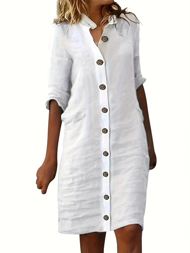 Shirt V-neck short-sleeve button-down dress, commuting elegant temperament, elegant style, versatile A-line skirt
