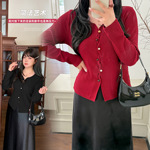 伊诺大码女装新年红色V领针织衫2026春新款修身显瘦上衣113985