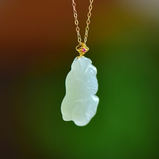 Fubei Diamond Jewelry [18K Gold Inlaid with Natural Hetian Jade Qinghai Material Pendant] the Size of the Loose Stone Is about 12*22mm