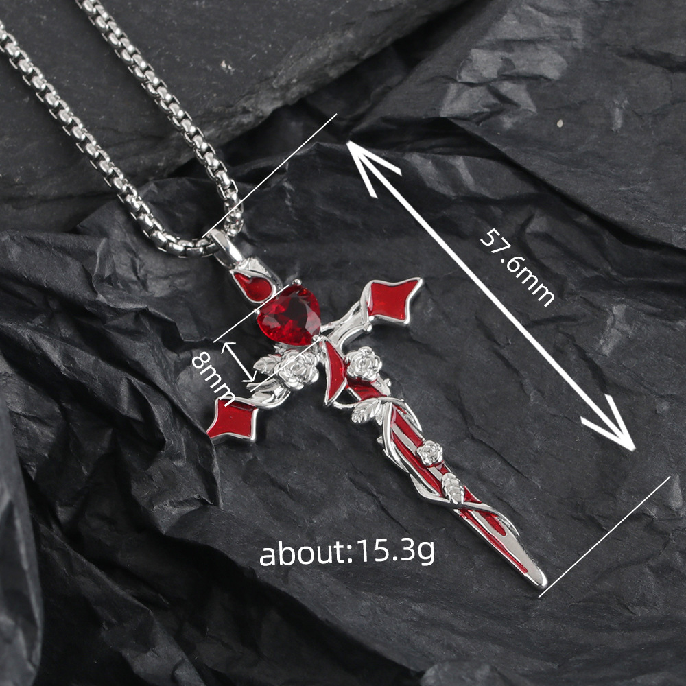 Men's Thorn Rose Cross Necklace, Personalized Rhinestone Pendant_voghion.com