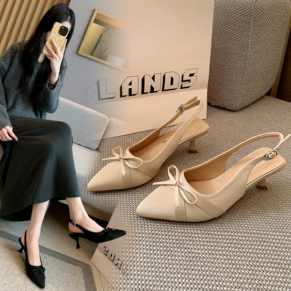 8852-21 French-Style Pointed-Toe Satin High Heels 2026 Shallow Bow Sandals for Wide Feet, Large Size Women's Shoes