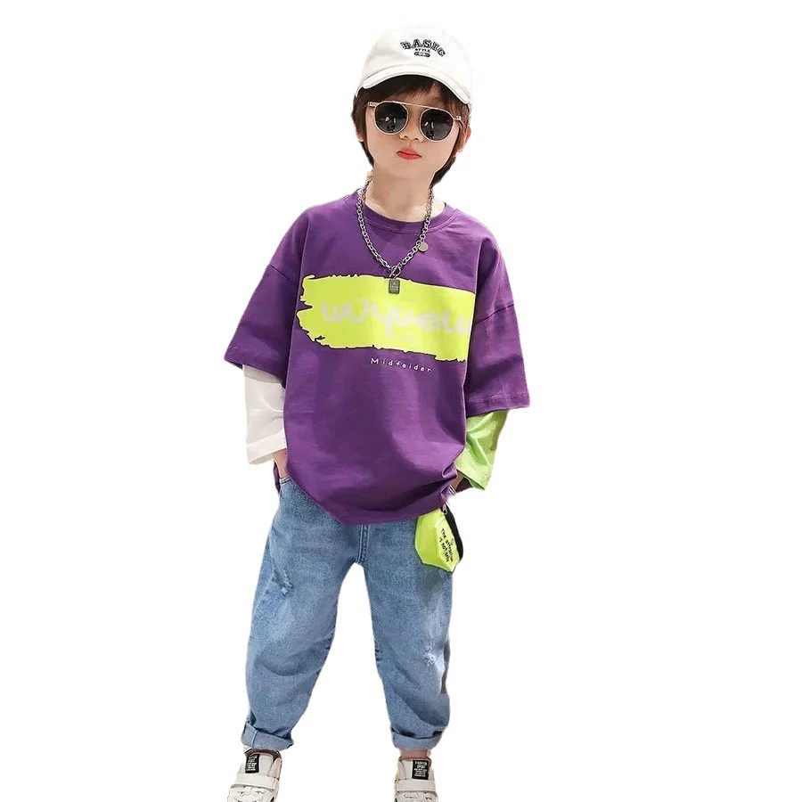 Long-sleeve boys' set, Korean style, 2-piece, sizes 100–160 cm (white/black/purple)