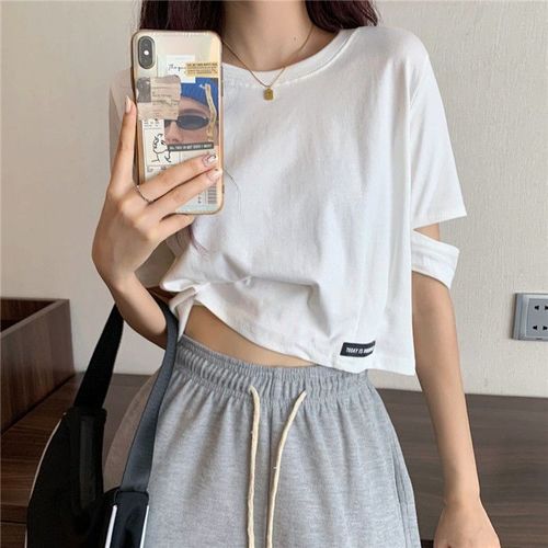 New trendy design women's summer T-shirt with Korean style, fashionable and niche short sleeve high-waisted crop top with relaxed fit.