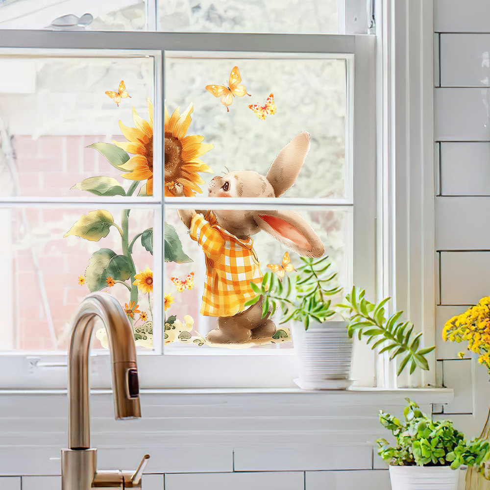 Household Cute Rabbit Wallpaper Decoration Sunflower Plant Stickers Children's Room Wall Stickers Multi-Scenario Use