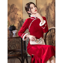 新中式冬季旗袍敬酒服订婚红色新娘结婚拜年服新年战袍女加绒加厚