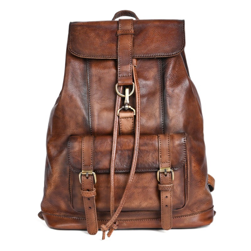 Antiguo inconformista cepillado a mano árbol crema cuero mochila ocio viaje cuero mochila 14 pulgadas Portátil Bolsa