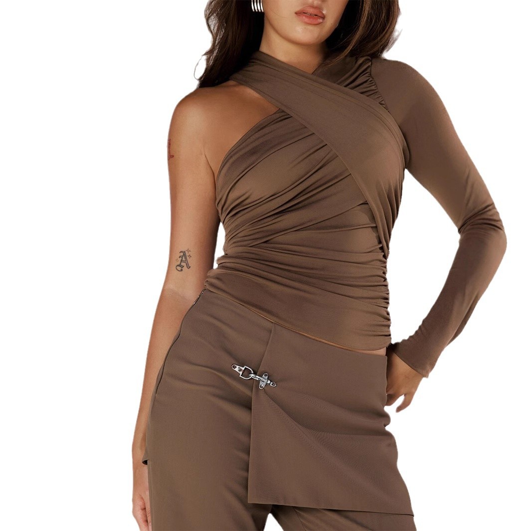 Women's Clothing hot selling one shoulder long sleeved bottoming tops new sexy halter neck T shirts for women_voghion.com