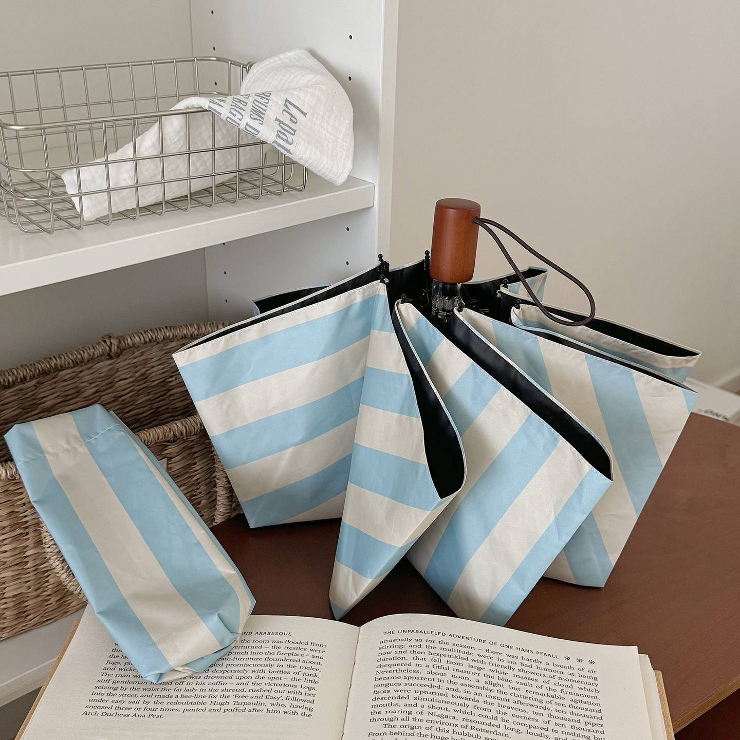 Korean-Style Striped And UV Protection Automatic Folding For Couples, Thickened Top Quality Black-Coated Reinforced Sun Umbrella_voghion.com