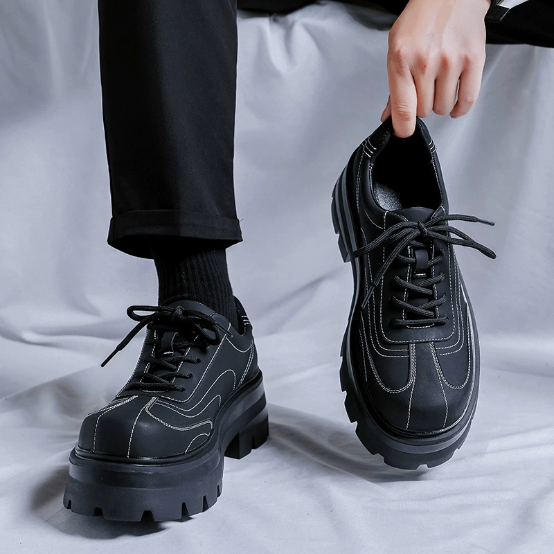 2024 Новая мужская обувь весна-осень повседневная кожаная обувь на высоком каблуке с большим носком увеличенная черная Молодежная кожаная обувь 91151-R