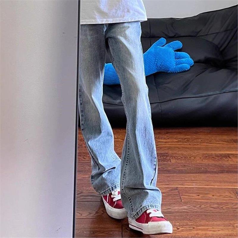 Foreign Trade Exclusive Light Blue Vibe Curved Blade Jeans for Men, Summer 2025 New High Street Stylish Slim Fit Flared Straight