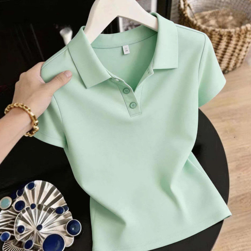 Pure Cotton Short-Sleeved Polo Shirt for Women, Summer 2026 New Style, Casual, Belly-Covering, Slimming, Casual Lapel T-Shirt Top