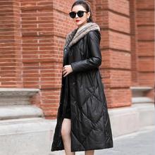 2025海宁新款连帽款真皮羽绒服女长款黑色修身头层绵羊皮皮草外套