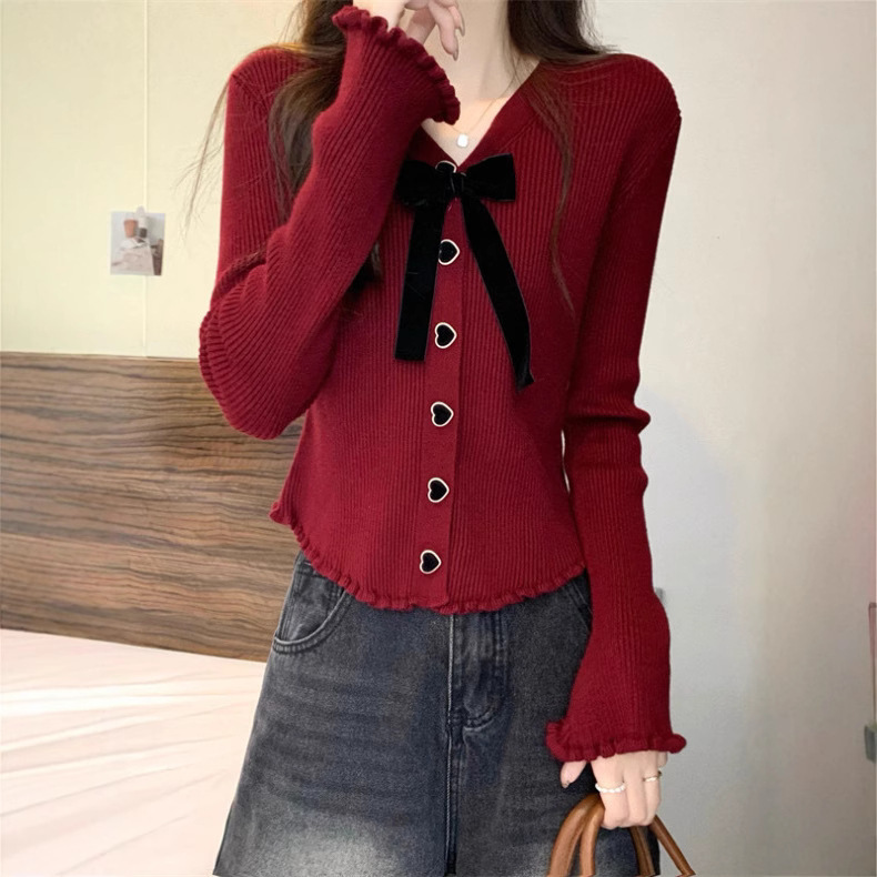 Red Andi Velvet V-neck Bow Wood-ear Knitted Cardigan Winter New Slim-fit Short Sweater Top for Women