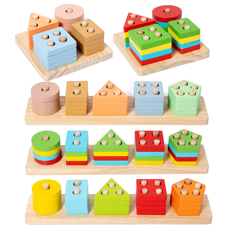 Bloques de madera de columna de madera para bebés movimiento fino educación temprana de la geometría de pares de colores juguetes de clasificación cognitiva