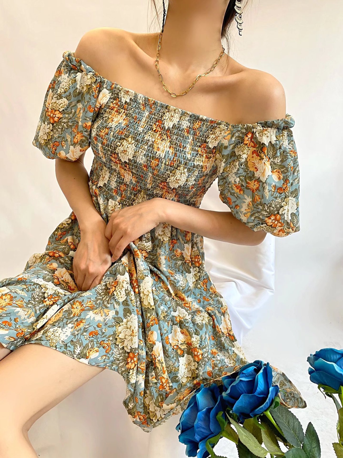 One-Shoulder Puff Sleeve Ruffle Stitching Floral Print Dress NSAM109299