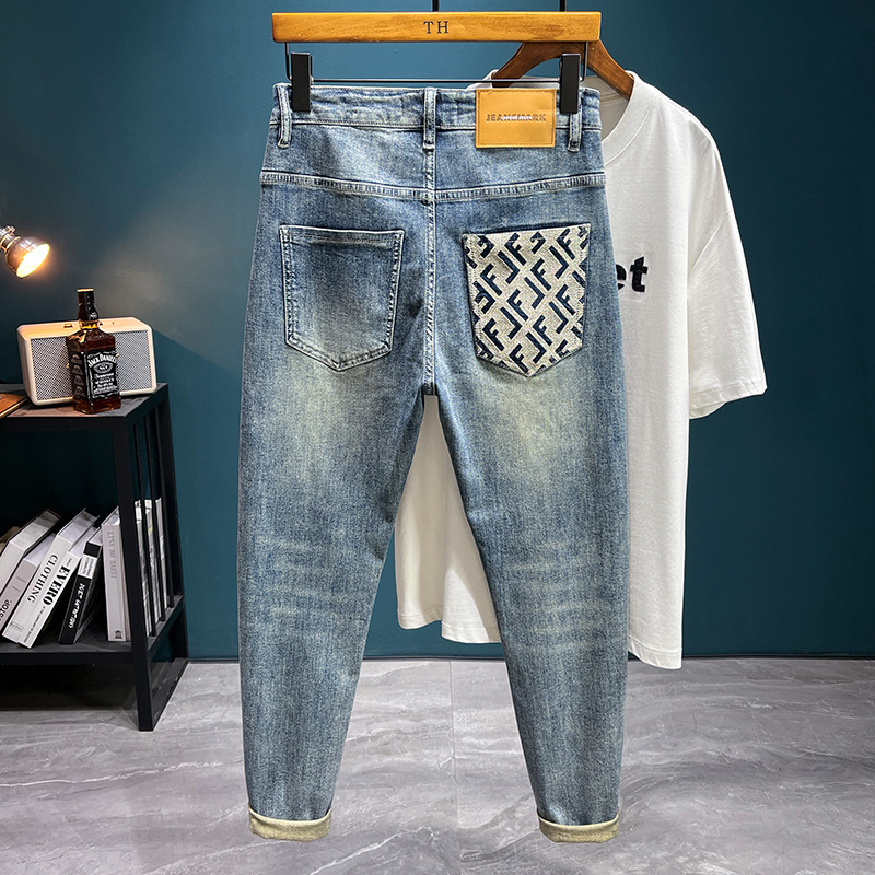 Trendy Brand Embroidered Ripped Patch Jeans for Men Spring and Summer New Soft Elastic Slim Fit Versatile Casual Pants