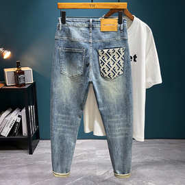 潮牌刺绣破洞补丁牛仔裤男春夏新款柔软弹力修身小脚百搭休闲长裤
