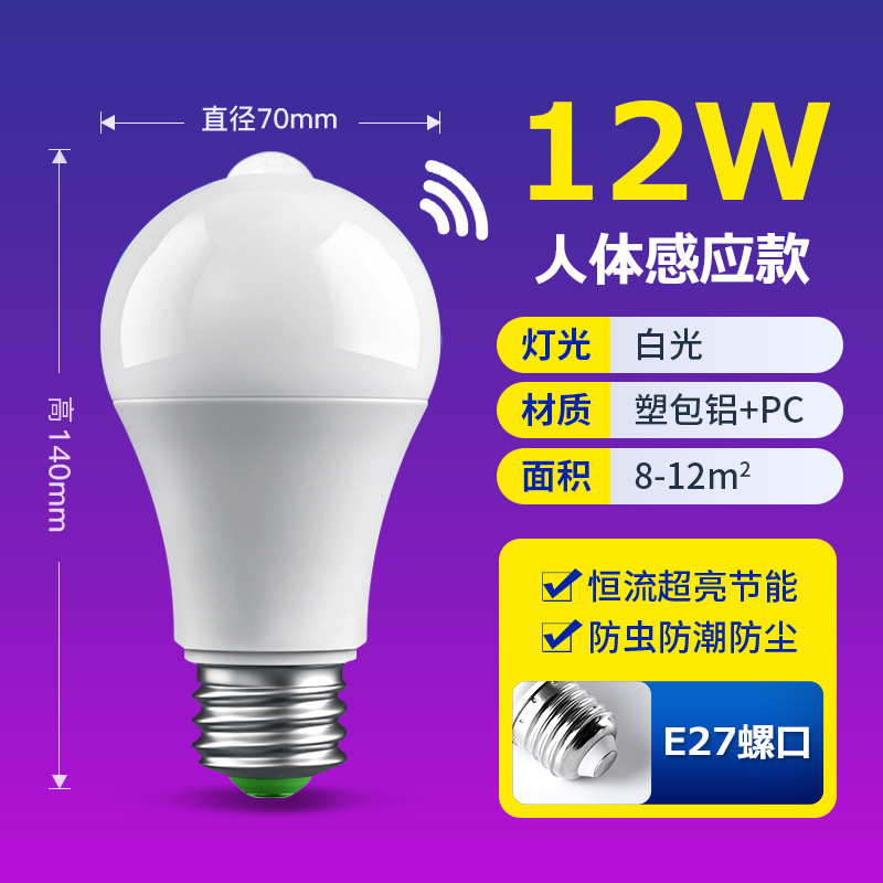 Bombilla LED con sensor de radar, sensor de cuerpo humano, control de sonido y luz, bombilla inteligente para propiedades, pasillos, ahorro de energía, casquillo E27.