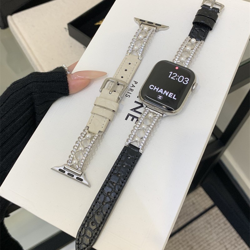 Lace Mesh Haoshi Crocodile Pattern Genuine Leather Strap Suitable for Iwatch10985Se Apple Watch S11 Senior Women