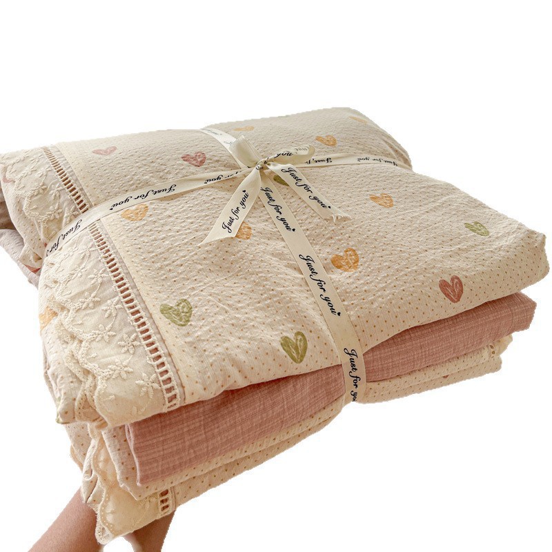 Un juego de cuatro piezas de hilo de doble capa de algodón 100% para madres y bebés, sábana de algodón, funda de edredón, sábana, ropa de cama fresca pequeña