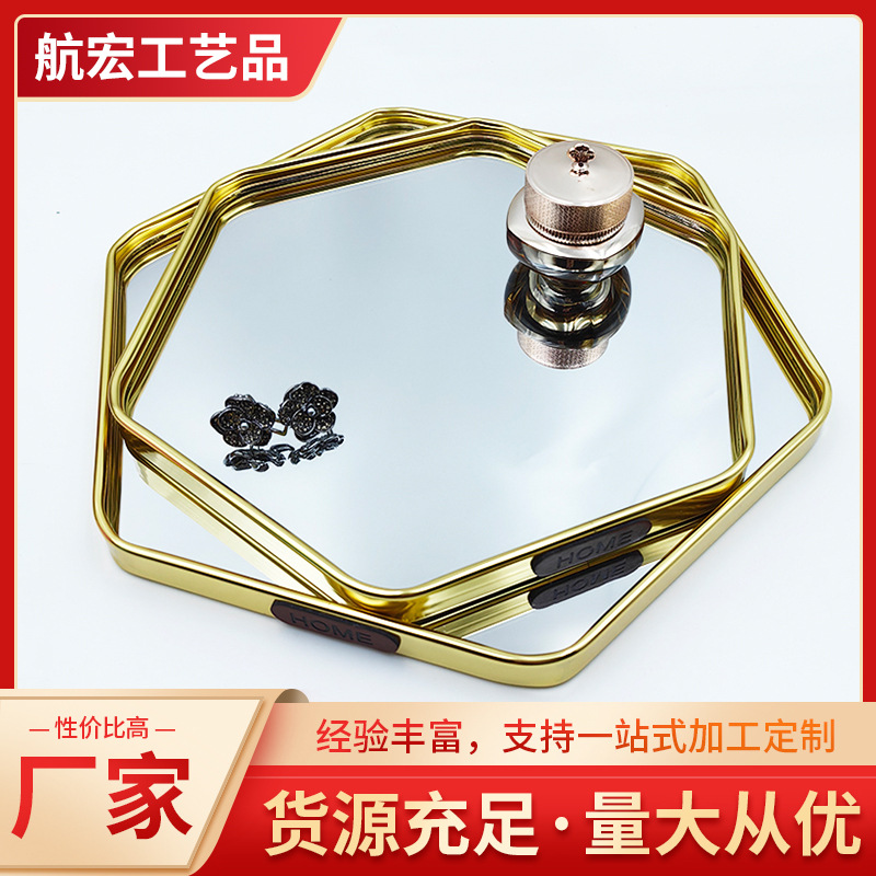 Bandeja de espejo Caja de almacenamiento de cosméticos Caja de almacenamiento de bandeja hexagonal de joyería Bandeja de almacenamiento de espejo de escritorio ins