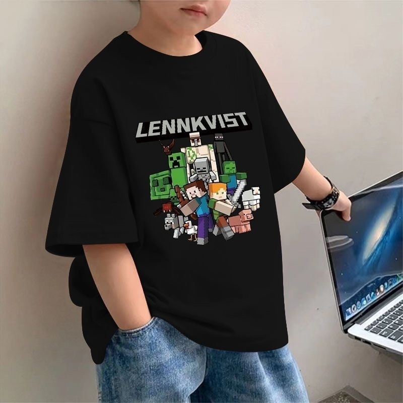 男の子の新しい純綿半袖Tシャツ夏子供用Minecraftコレクションプリントルーズ中型および大型子供用トップストレンディ|undefined