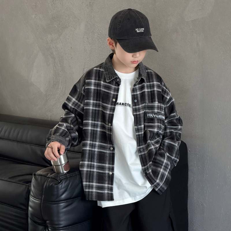 Boys' Shirt Jacket Spring and Autumn 2026 New Style for Older Boys, Plaid Children's Autumn and Winter Stylish Fleece-Lined Shirt