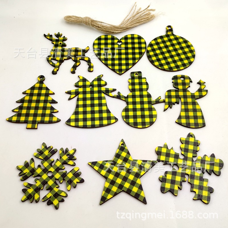 33 cuadros amarillos y negros serie navideña piezas de madera colgante de decoración navideña se pueden combinar libremente 10 piezas en un paquete
