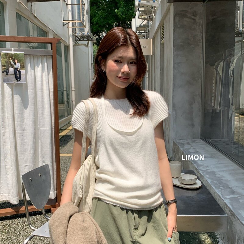 THE LIMON Lemon Green Tea 2026 Autumn Women's Halter Top and Ribbed Knit Sweater Two-Piece Set