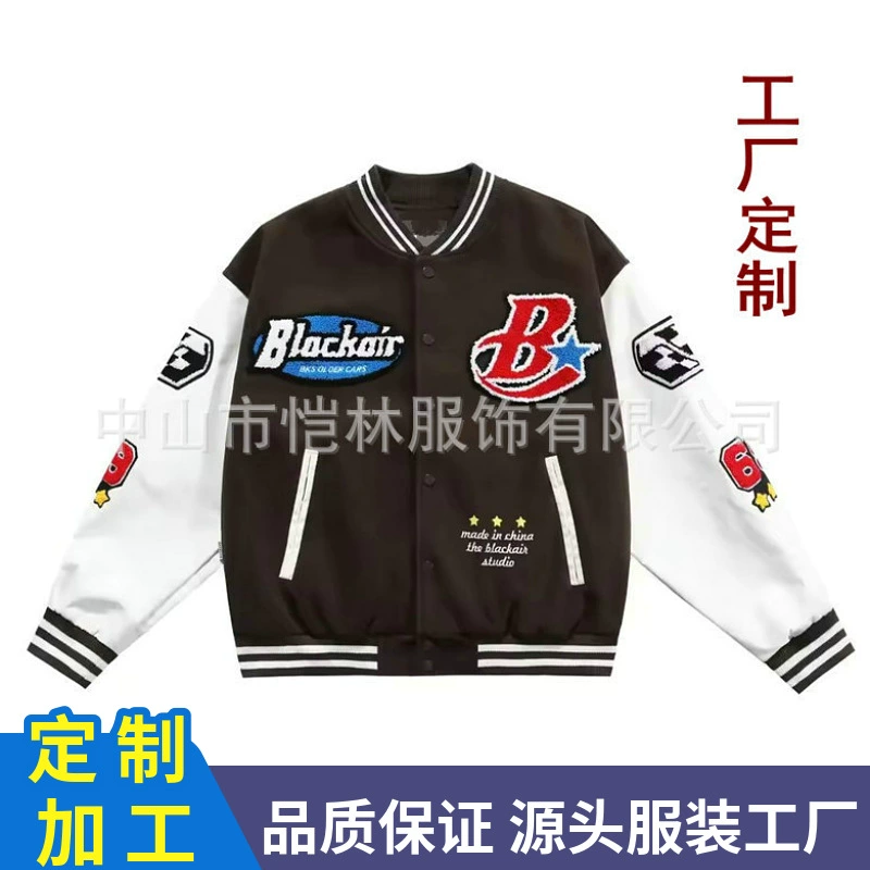 Индивидуальная куртка-бомбер для внешней торговли в американском стиле, модная, с вышивкой логотипа бренда, из ткани с эффектом вышивки полотенцем, с элементами из ПУ и шерсти, в стиле колор-блок, зимнее пальто