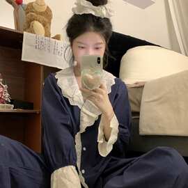 批发货源新款韩版长袖纯棉舒适可爱花边甜美睡衣家居服套装