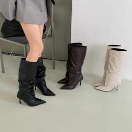 2025冬小个子尖头高跟长筒靴女新款细跟长靴不过膝高筒时装靴女靴