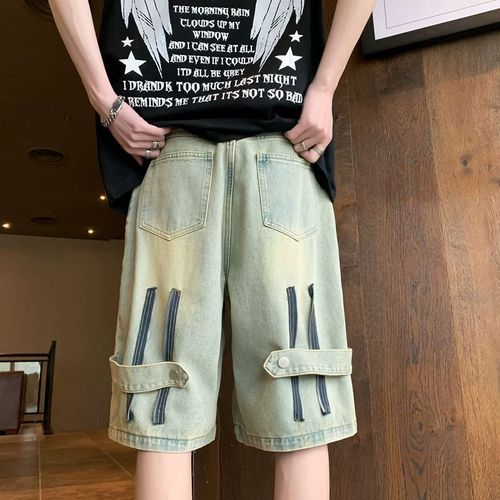 Vintage American-style denim shorts for men, summer design, niche five-pocket pants, trendy streetwear brand fashion high-street pants.