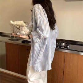条纹衬衫女长袖宽松薄款松弛感亚麻衬衣防晒慵懒风棉麻外穿上衣夏