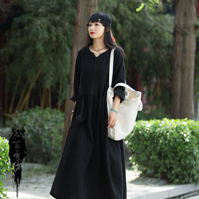 Autumn and Winter V-Neck Textured Raw Linen Loose Robe Double-Layered Long Dress with a Large Hem, Elegant Vintage Fairy Dress