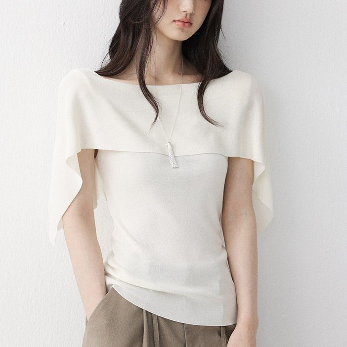 Ice-Feel Regenerated Fiber Minimalist Shawl-Style Neckline Knit Top for Women, Summer Flowy Short-Sleeve T-Shirt Ice-Feel Regenerated Fiber Minimalist Shawl-Style Neckline Knit Top for Women, Summer Flowy Short-Sleeve T-Shirt